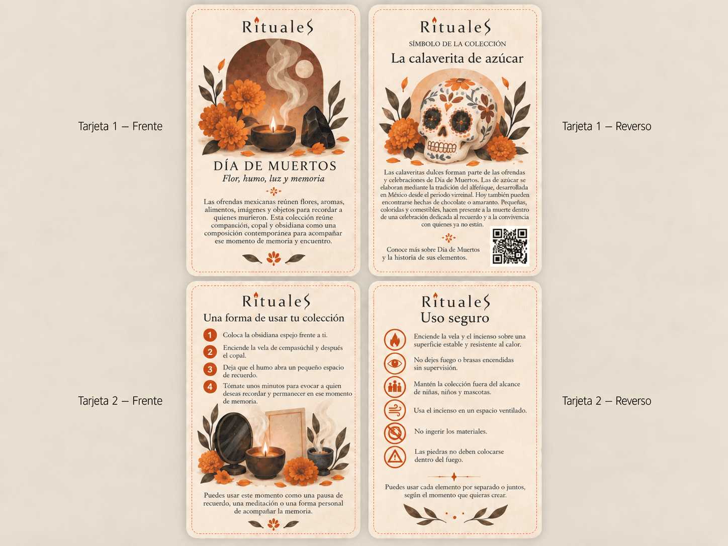 Vista digital de las dos tarjetas impresas de Día de Muertos: frente y reverso de cada una.