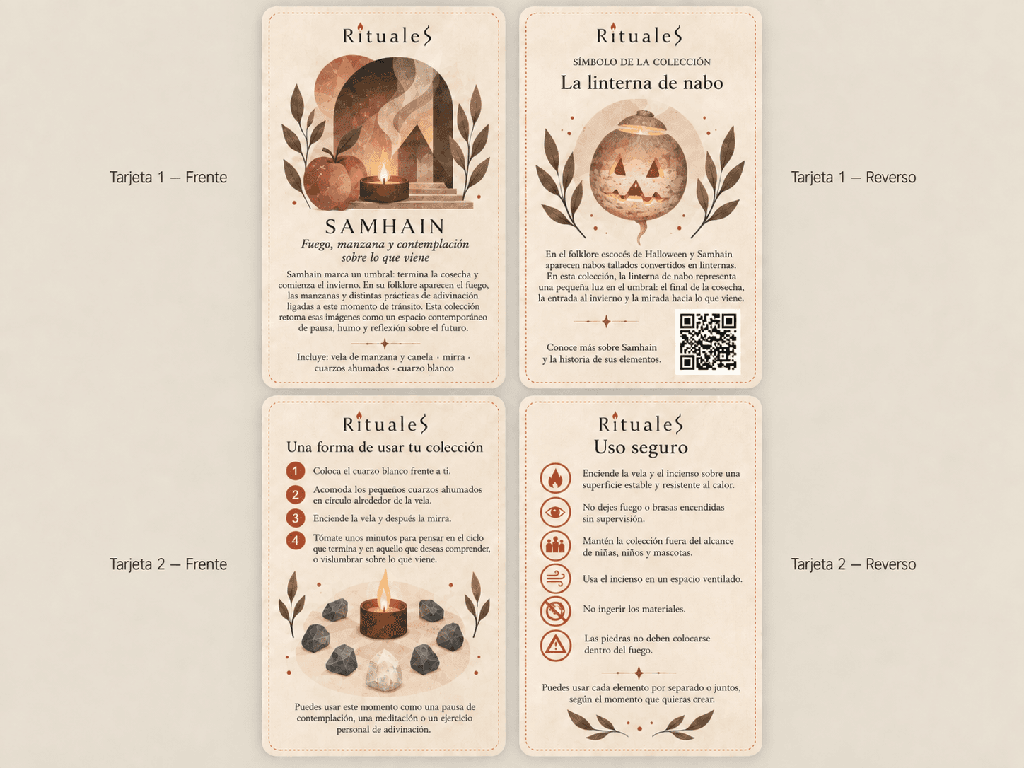Vista digital de las dos tarjetas impresas de Samhain: frente y reverso de cada una.