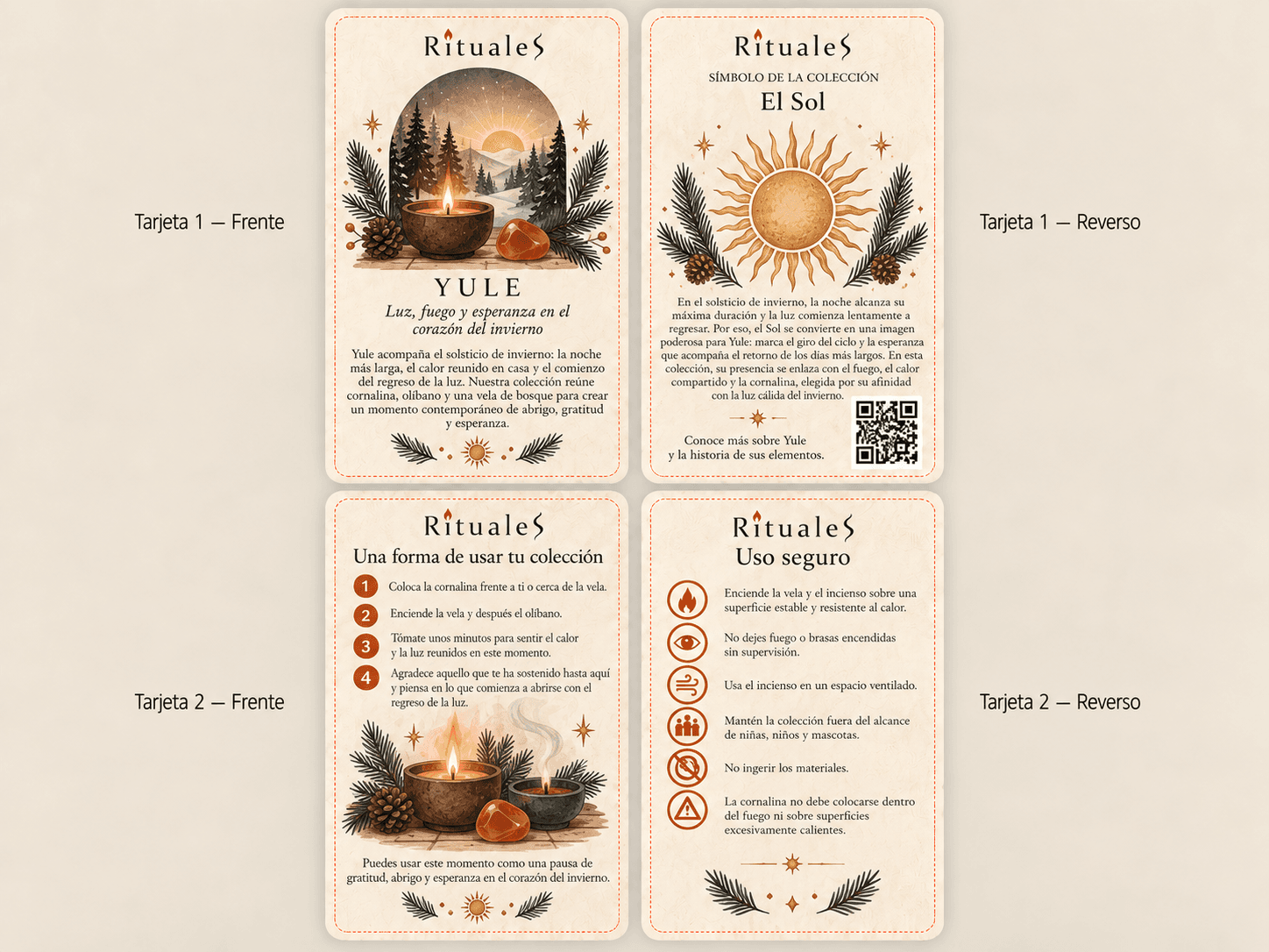 Vista digital de las dos tarjetas impresas de Yule: frente y reverso de cada una.
